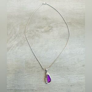 Silver Tone Necklace with Bright Purple Teardrop Pendant